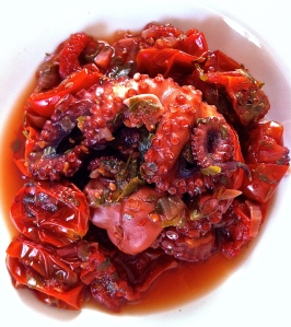 Saucy, flavorful octopus in its own broth is a low fat, high protein choice in the Mediterranean diet.